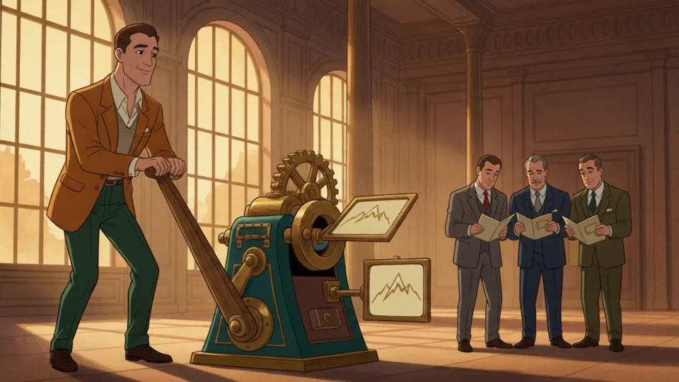 An animated CEO in an ochre jacket operates a wooden lever as investors examine the project story
