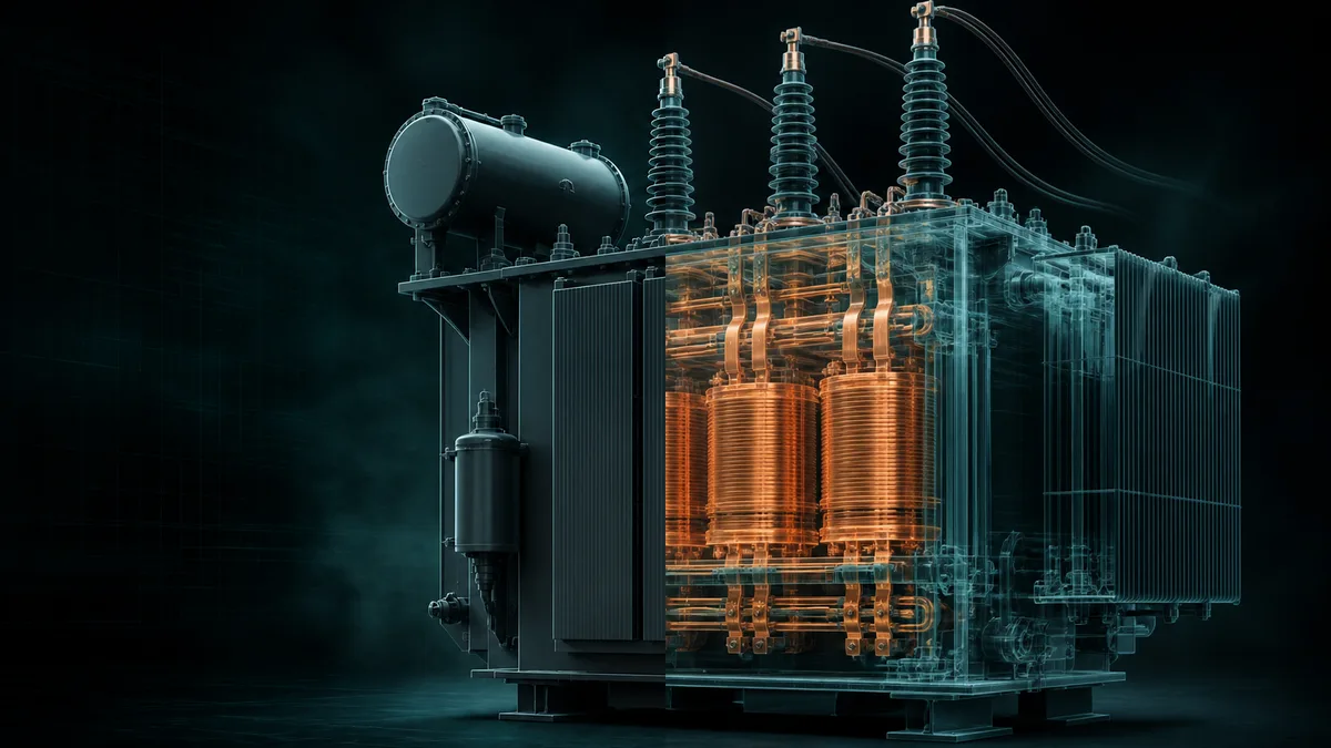 Split view of a closed power transformer and its luminous illustrative copper X-ray anatomy