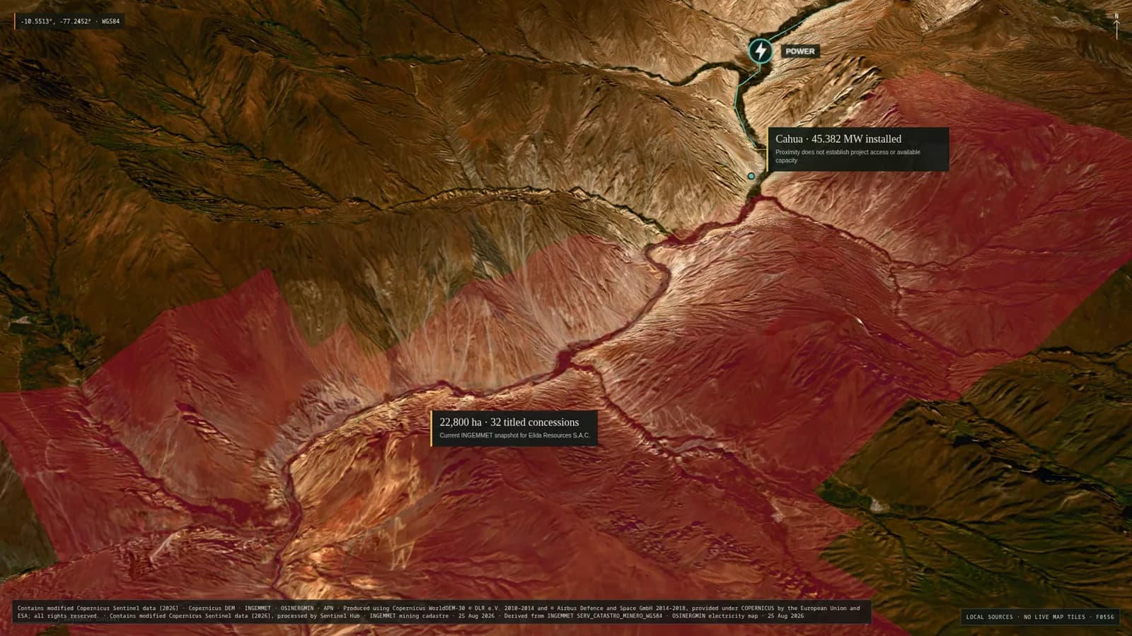 Aerial Elida terrain with a translucent red property footprint, turquoise power corridor and power marker