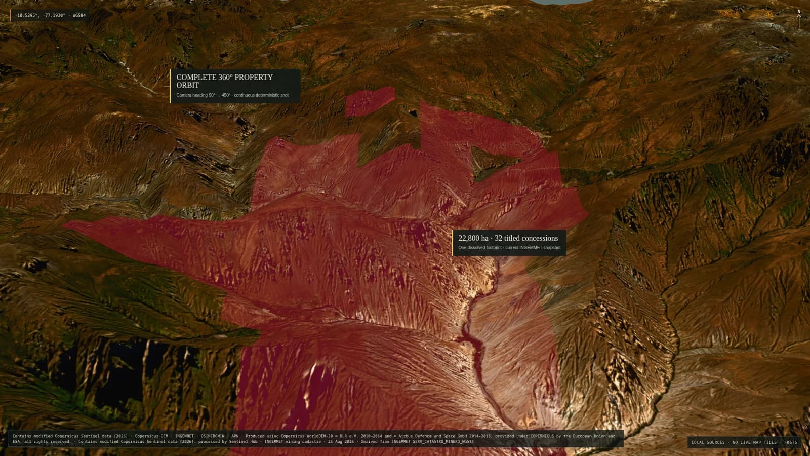 Oblique Andean terrain view with Elida’s titled property footprint illuminated in uniform red during a complete orbit