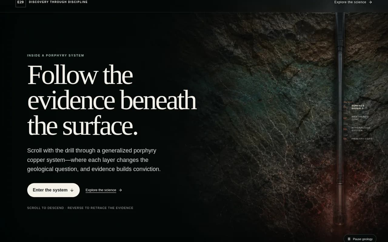 Porphyry landing-page concept with large editorial headline and a drill descending through rock on the right