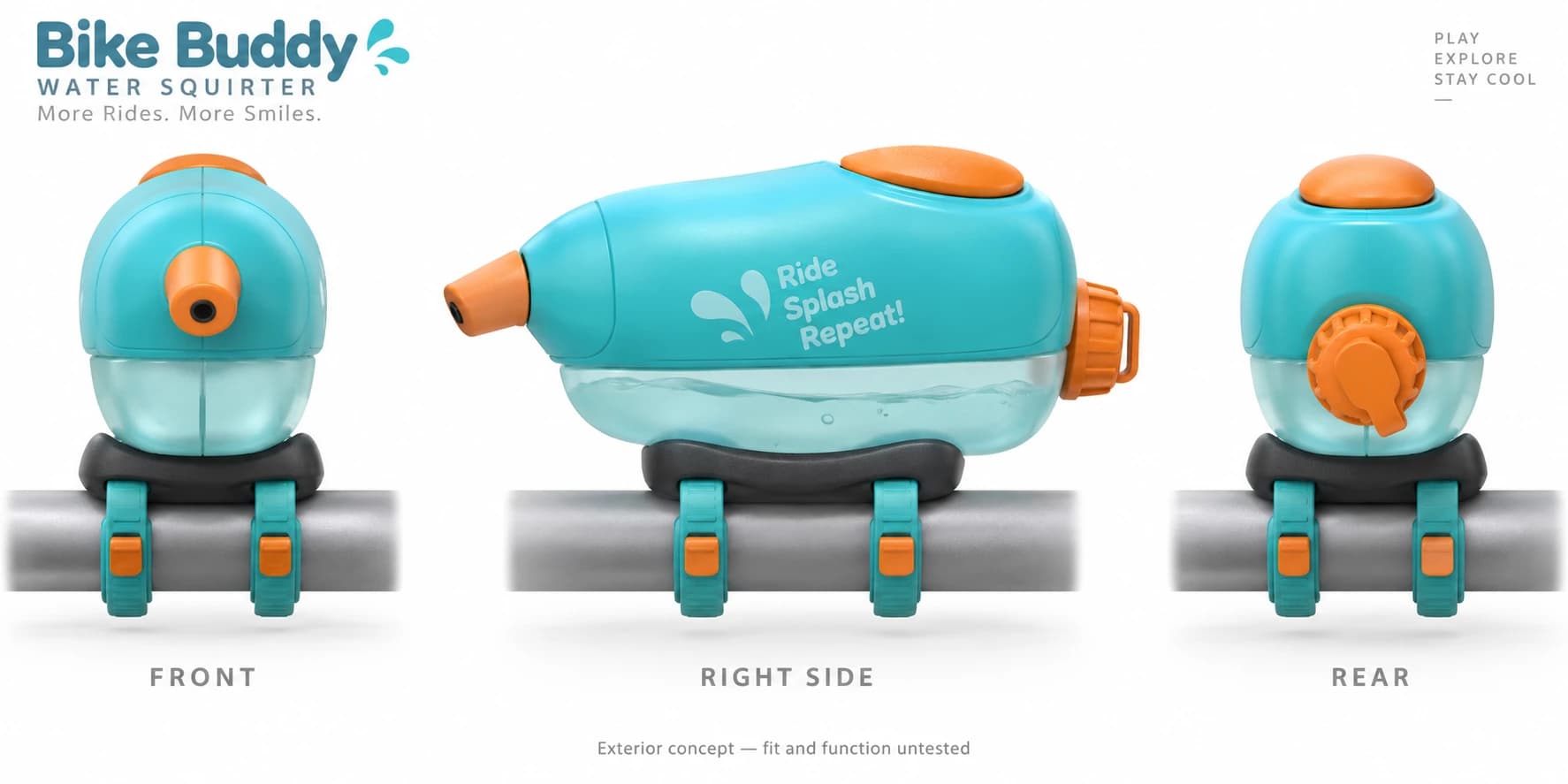 Three views of the Bike Buddy water squirter, with a turquoise body, orange controls, a clear reservoir and straps around a bicycle bar
