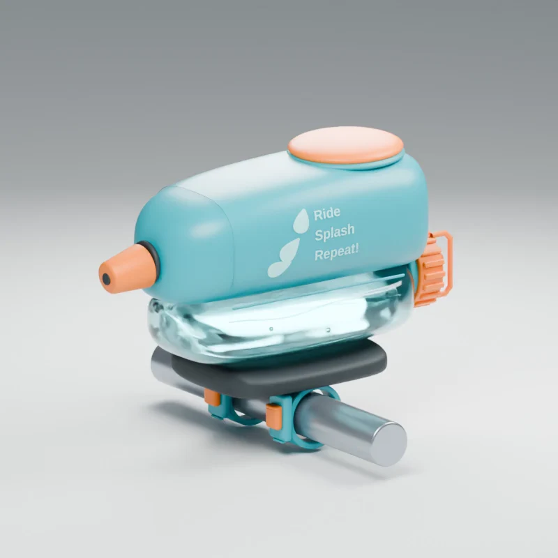 Turquoise and orange Bike Buddy water squirter rendered in 3D on a bicycle bar