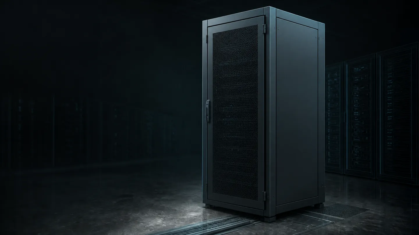 Stylized closed data-centre rack before the copper reveal.