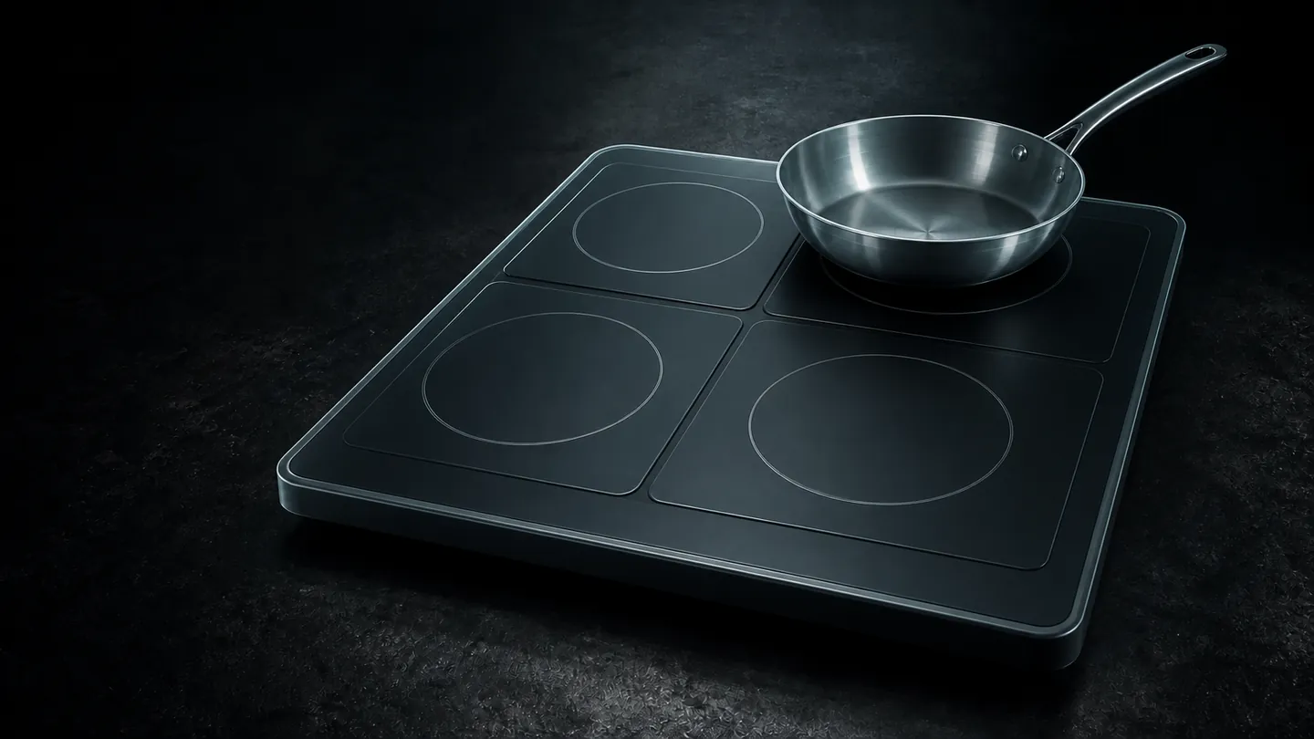 Stylized closed induction cooktop before the copper reveal.