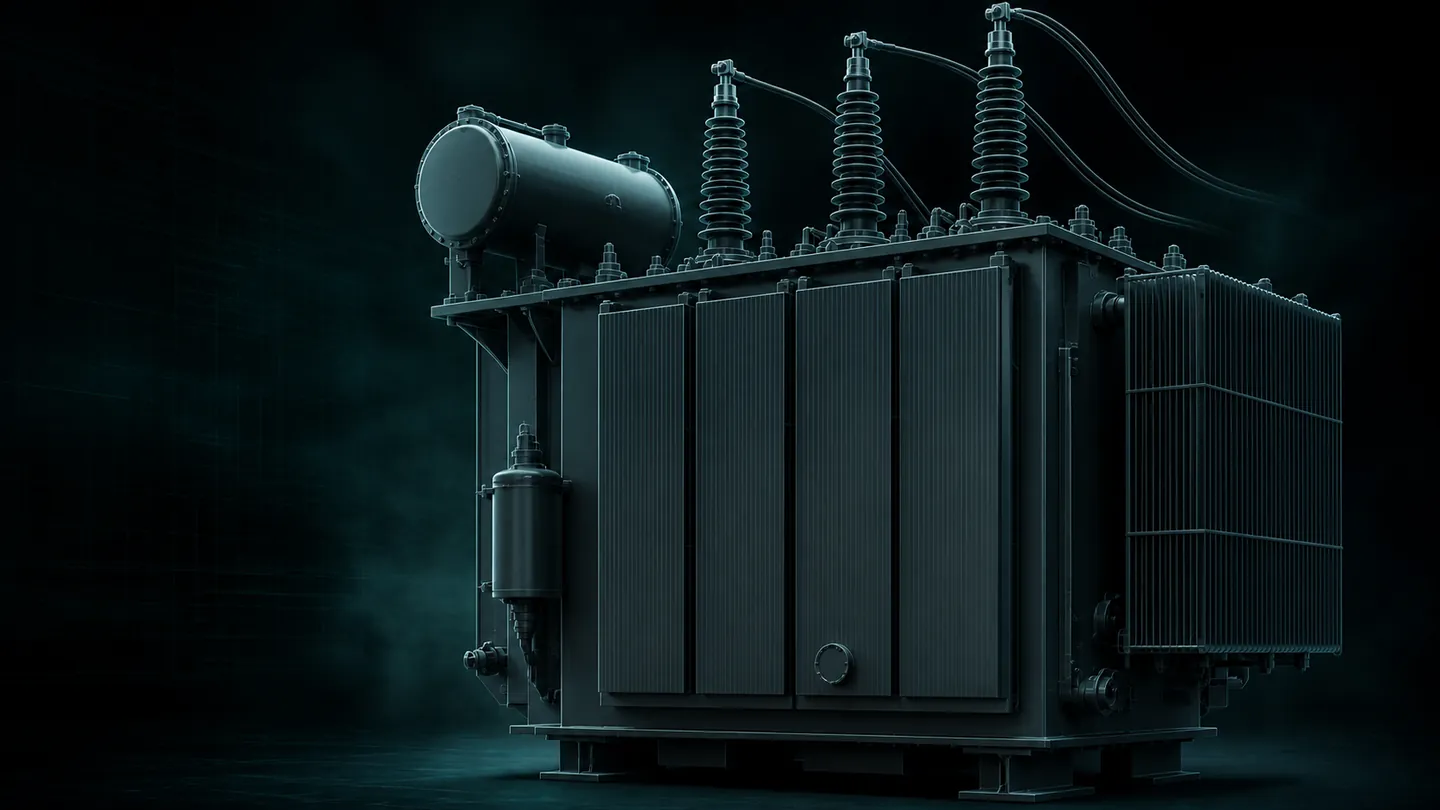 Stylized closed power transformer before the copper reveal.